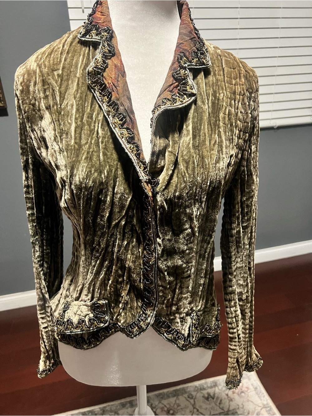 Olive Green Velvet Women's Jacket with Decorative Trim. Size M
